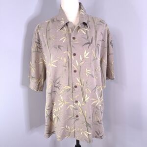 Jamaica Jaxx 100% Silk Island Style Tan Palm Leaf Button Front Hawaiian Shirt LG